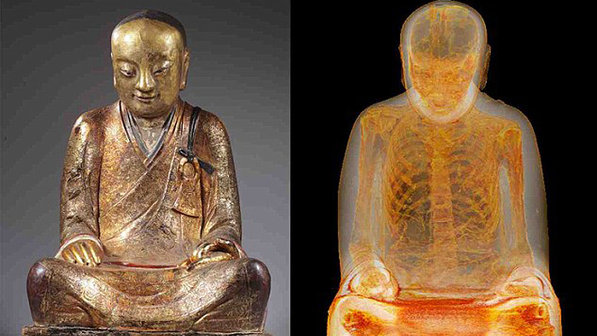 Antes da tomografia, os cientistas do Drents sabiam que havia um corpo dentro da estátua, mas o procedimento revelou que os órgãos de Liuquan foram retirados e substituídos por pedaços de papel com escritos em chinês