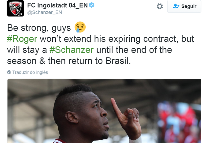 Twitter do Ingolstadt oficializa saída de Roger após término do vínculo com o clube alemão (Foto: Reprodução Internet)